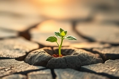 Symbolic sprout emerging from cracked earth, representing skin healing.